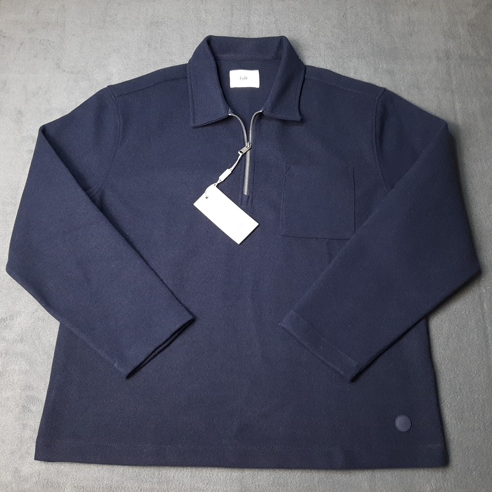 NEW Folk Jacket Mens Large Blue Navy Rugby Quarter Zip Sweater Pullover $150 TAG